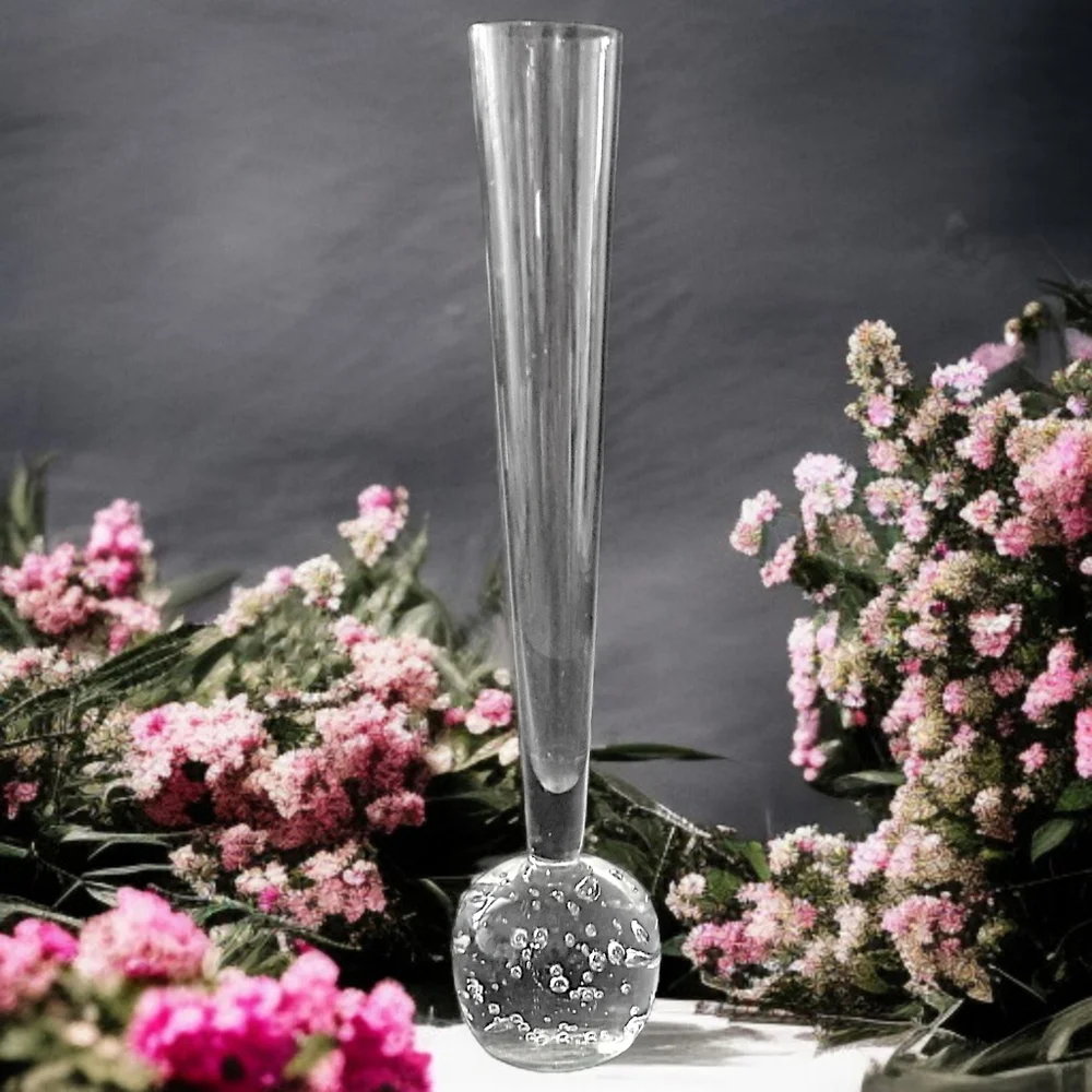 Vtg Bubble‎ Art Glass Bud Vase Paperweight Hand Blown ICY Clear Boiling Affect